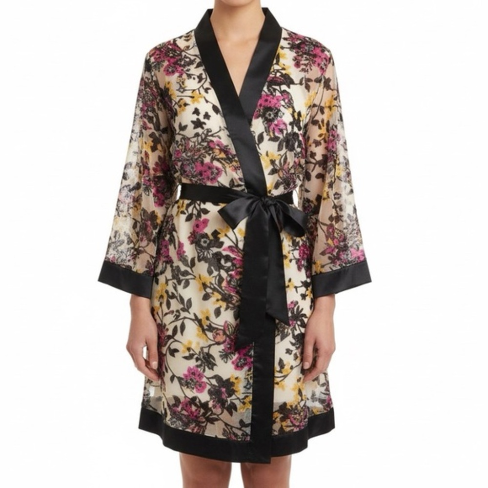 Tahari Velvet Mesh Floral Robe With Satin Finish Trim & Belt XL